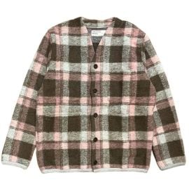Universal Works Wool Fleece Cardigan - PinkBrown Check Garmentory at Garmentory